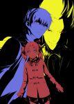 2boys blue blue_eyes child fate/zero fate_(series) flat_color gilgamesh hair_ribbon high_contrast kirieppa kotomine_kirei multiple_boys multiple_monochrome red red_eyes ribbon spot_color tohsaka_rin toosaka_rin twintails yellow young 