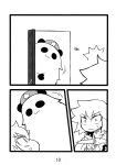  comic highres hong_meiling_(panda) izayoi_sakuya knife monochrome open_door scan seki_(red_shine) silent_comic stuffed_animal stuffed_bunny stuffed_toy surprised throwing_knife torn_clothes touhou weapon 