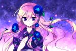  hair_flower hair_ornament japanese_clothes kimono megurine_luka miyu_(matsunohara) night night_sky pink_hair purple_eyes sky star_(sky) vines violet_eyes vocaloid 
