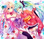  aqua_eyes aqua_hair bare_shoulders breasts choker cleavage flower garter_straps hair_flower hair_ornament hatsune_miku japanese_clothes kimono long_hair megurine_luka multiple_girls obi open_mouth pink_hair runako short_kimono skirt smile spring_onion thigh-highs thighhighs very_long_hair vocaloid wink 