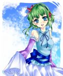 bare_shoulders blue_eyes blush breasts detached_sleeves dress dress_lift green_hair gumi looking_at_viewer lowres open_mouth short_hair solo vocaloid yoitsukishin 