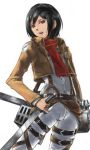  belt black_hair dual_wielding jacket michitarou mikasa_ackerman red_eyes scarf shingeki_no_kyojin short_hair sword weapon 