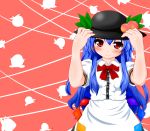  blue_hair blush bow dress food fruit hand_on_hat hat highres hinanawi_tenshi kamishima_yuu long_hair looking_at_viewer peach red_eyes smile solo touhou 