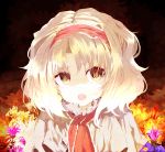  alice_margatroid blonde_hair brown_eyes bust capelet floral_background flower headband messy_hair open_mouth popoa2 short_hair solo touhou 