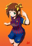  :p amami_haruka breasts brown_hair fc_barcelona green_eyes hair_ribbon highres idolmaster nike ribbon soccer_uniform solo taka_shida tongue wink 