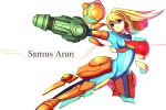  arm_cannon armor blonde_hair blue_eyes breasts lauqe metroid ponytail samus_aran solo varia_suit weapon zero_suit 