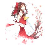  ascot bare_shoulders bow branch brown_hair cherry_blossoms detached_sleeves hair_bow hair_tubes hakurei_reimu leaf long_hair miko sarashi simple_background smile sofy solo touhou tree white_background 