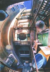  building fisheye hashimoto_reina no_humans oil_painting_(medium) original perspective railing sky traditional_media tub 