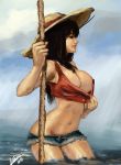 black_hair breasts cleavage cosplay hat highres hips large_breasts legs long_hair midriff monkey_d_luffy monkey_d_luffy_(cosplay) navel nico_robin one_piece onichan_xd shorts solo straw_hat water 