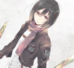  alicetype black_hair brown_eyes highres jacket mikasa_ackerman scarf shingeki_no_kyojin short_hair sword weapon 