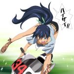  a1 ankle_lace-up antenna_hair black_hair blue_eyes breasts cross-laced_footwear down_blouse ganaha_hibiki idolmaster jewelry long_hair motion_blur motor_vehicle motorcycle necklace open_mouth ponytail pun sandals shorts solo sweat translation_request vehicle 