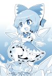  blue bow chibi cirno crossed_arms frog frozen hair_bow kitsune_choukan monochrome open_mouth short_hair solo touhou 