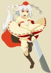  1girl animal_ears bad_id boots detached_sleeves eyebrows hat inubashiri_momiji ogino_(oginogino) pointy_ears red_eyes sarashi silver_hair simple_background solo sword tail thick_eyebrows tokin_hat touhou weapon wolf_ears wolf_tail 