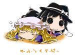  :3 black_hair blonde_hair bow byourou chibi dress hat long_hair lying maribel_hearn multiple_girls necktie on_stomach short_hair smile solid_black_eyes solid_circle_eyes touhou usami_renko 