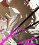  1girl bangs blood bow choker collarbone cosplay criis-chan danganronpa:_trigger_happy_havoc danganronpa_(series) enoshima_junko enoshima_junko_(cosplay) grey_background grin hair_bow ikusaba_mukuro impaled injury long_hair pink_blood polearm red_bow smile solo spear spoilers teeth twintails twitter_username weapon white_bow 