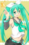  bad_id blush bow clover_(moti) cosplay detached_sleeves green_eyes green_hair hair_bow hatsune_miku headphones kagamine_rin kagamine_rin_(cosplay) project_diva smile solo star vocaloid 