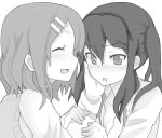  arm_grab blush closed_eyes drawr eyes_closed face frown hair_ornament hairclip hand_on_another&#039;s_cheek hand_on_another's_cheek hirasawa_yui k-on! kuzu_kow long_hair monochrome multiple_girls nakano_azusa open_mouth payot short_hair smile twintails 