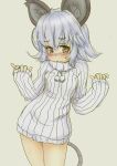  animal_ears bare_legs blush bottomless grey_background grey_hair ishikkoro mouse_ears mouse_tail naked_sweater nazrin no_pants red_eyes ribbed_sweater rough short_hair simple_background solo sweater tail touhou 