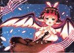  animal_ears brown_eyes dress feathers hat mosho musical_note mystia_lorelei night night_sky open_mouth pink_hair ribbon short_hair singing sky smile solo star touhou wings 