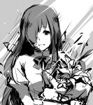  bouquet flower hair_over_one_eye ikezawa_hanako katawa_shoujo lily_(flower) long_hair monochrome school_uniform solo weee_(raemz) 