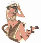  arm_support black_hair breasts cleavage dark_skin earrings fushigi_no_umi_no_nadia green_eyes green_hair hand_on_hat hat jewelry loincloth midriff nadia navel neck_ring nishieda peaked_cap short_hair simple_background sitting solo yokozuwari 