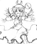  :d animal_ears bad_id bishi_(gleamw) bow dress fang graphite_(medium) hat highres monochrome mystia_lorelei open_mouth outstretched_arms payot short_hair smile solo spread_arms touhou traditional_media wings 