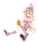  bare_shoulders blonde_hair boots breasts dark_magician_girl duel_monster green_eyes hat pentacle rusuban simple_background sitting staff white_background wizard_hat yu-gi-oh! yuu-gi-ou yuu-gi-ou_duel_monsters 