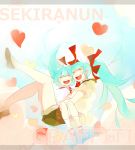  aqua_hair asakura bad_id cloud dual_persona falling hair_ribbon hatsune_miku heart long_hair multiple_girls open_mouth ribbon sekiranun_graffiti_(vocaloid) sky smile twintails vocaloid 