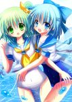  blue_eyes blue_hair blush bow breasts cirno daiyousei green_hair hair_bow hair_ribbon hane. hug long_hair multiple_girls one-piece_swimsuit open_mouth ribbon school_swimsuit school_uniform serafuku short_hair side_ponytail smile swimsuit swimsuit_under_clothes touhou water white_school_swimsuit wings 