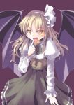  &gt;:) &gt;:d :d bat_wings blonde_hair corset culter finger_to_mouth hairband highres kurumi_(touhou) open_mouth purple_background simple_background slit_pupils smile solo suspenders touhou touhou_(pc-98) wings yellow_eyes 