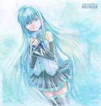  alternate_hairstyle aqua_eyes aqua_hair detached_sleeves hair_down hatsune_miku headset long_hair marker_(medium) mayo_riyo necktie skirt smile solo thigh-highs thighhighs traditional_media very_long_hair vocaloid zettai_ryouiki 