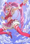  :o armpits blue_background blue_eyes braid clenched_hand cloud cure_melody dress fist frills houjou_hibiki long_hair magical_girl michuru_(qeenbee) open_mouth pink_hair pink_legwear precure shoes sky suite_precure thigh-highs thighhighs twintails 