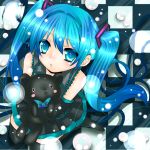  blue_eyes blue_hair blush checkered checkered_background colored detached_sleeves from_above hatsune_miku long_hair necktie skirt snowing solo stuffed_animal stuffed_toy teddy_bear thigh-highs thighhighs twintails vocaloid yuumi_kaname zettai_ryouiki 