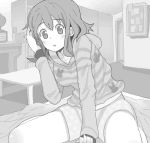  bed bedroom blush hair_tucking hirasawa_yui hoodie k-on! kuzu_kow pajamas short_hair shorts sitting solo wariza 