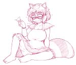  1girl ^_^ animal_ears bloomers blush breasts choko_(cup) cleavage closed_eyes drunk fangs futatsuiwa_mamizou glasses highres leaf leaf_on_head monochrome open_mouth raccoon_ears raccoon_tail sitting smile sotto tail touhou underwear 