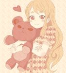  argyle blonde_hair blush bust casual doll_hug drawr eyebrows heart k-on! kotobuki_tsumugi kousuke102 kuzu_kow long_hair red_eyes smile solo stuffed_animal stuffed_toy teddy_bear 