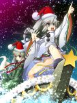  :d :o alternate_headwear arm_belt arm_garter bare_legs belt blue_eyes blush boat chima_q christmas decorations dress ghost ghost_tail green_dress green_hair grey_hair hat highres japanese_clothes kariginu long_sleeves mononobe_no_futo multiple_girls multiple_tails night night_sky open_mouth outstretched_hand panties pantyshot pointing pointing_up pom_pom_(clothes) pom_pom_(clothing) ponytail sack santa_hat short_hair sky smile soga_no_tojiko star star_(sky) starry_sky tail touhou underwear water white_panties wide_sleeves 