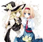  2girls alice_margatroid apron bad_id blonde_hair blue_eyes bow capelet cierra_(ra-bit) dress dress_lift flower green_eyes grin hair_bow hairband hand_on_hat hat hat_flower kirisame_marisa long_hair long_sleeves multiple_girls open_mouth petals puffy_sleeves rose short_hair short_sleeves skirt_basket smile touhou white_rose witch witch_hat yellow_eyes 