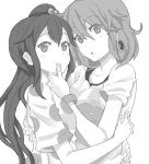  bust chin_grab drawr earrings hair_bobbles hair_ornament hand_on_another&#039;s_face hand_on_another's_face hirasawa_yui hug jewelry k-on! kousuke102 kuzu_kow listen!! long_hair looking_at_viewer monochrome multiple_girls nakano_azusa short_hair side_ponytail t-shirt yuri 