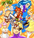  2boys 4girls ^_^ anger_vein bell blonde_hair blue_eyes blue_hair bob_cut breasts capelet cleavage cleavage_cutout closed_eyes dress eyes_closed forehead_protector fur_gots ghose_rode gloves green_hair kewne koh_(azure_dreams) long_hair mole monster multiple_boys multiple_girls nico_southley orange_hair other_life:_azure_dreams patty_pan ponytail red_eyes selfi_rode twintails under_boob underboob 