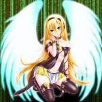  bare_shoulders blonde_hair blue_eyes breasts chain chains collar colored hairband highres lily_(vocaloid) long_hair looking_at_viewer skirt smile solo thigh-highs thighhighs very_long_hair vocaloid wings yuuki_kira 
