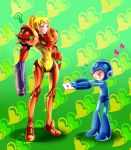  &gt;_&lt; 1girl ? arm_cannon blonde_hair blue_eyes blush_stickers confession crossover headwear_removed heart helmet helmet_removed kagomesarrow letter long_hair love_letter metroid ponytail rockman rockman_(character) rockman_(classic) samus_aran size_difference varia_suit weapon 