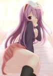  animal_ears aoba_senkiri bed between_breasts blush breasts bunny_ears chimunge cleavage hand_to_mouth highres jacket long_hair lying on_side pillow purple_hair red_eyes reisen_udongein_inaba skirt solo touhou wince window wink 