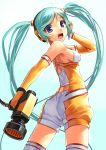  1girl aqua_hair blush breasts elbow_gloves gloves hand_on_headphones hatsune_miku headphones katahira_masashi long_hair looking_at_viewer looking_back sideboob small_breasts smile solo thighhighs twintails very_long_hair vocaloid 
