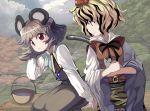  animal_ears basket black_hair blonde_hair capelet grey_hair hair_ornament highres jewelry mouse mouse_ears mouse_tail multicolored_hair multiple_girls nazrin pendant red_eyes shope short_hair sitting smile tail tiger_print toramaru_shou touhou two-tone_hair yellow_eyes 