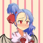  alternate_hairstyle bat_wings blue_hair blush bow cato_(monocatienus) dress embarrassed frown hair_ribbon monocatienus pink_dress portrait red_eyes remilia_scarlet ribbon side_ponytail simple_background solo touhou wings 
