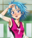  athletic blue_eyes blue_hair green_background jersey manji_(tenketsu) nishijima_waon open_mouth precure short_hair suite_precure sweat tenketu 