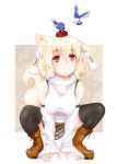  1girl animal_ears animal_on_head bird bird_on_head blonde_hair boots breasts inubashiri_momiji miniskirt red_eyes skirt smile solo squatting tail thigh-highs thighhighs touhou wolf_ears wolf_tail 