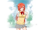  ano_natsu_de_matteru bad_id blue_eyes cloud glasses hand_on_own_chest long_hair red_hair redhead rin2008 school_uniform short_hair side_ponytail skirt sky smile solo sweater_vest takatsuki_ichika 