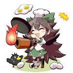  arm_cannon bird black_hair black_wings blush_stickers bow chef_hat chibi closed_eyes cooking egg eyes_closed fire frying_pan gibuchoko hair_bow happy hat long_hair reiuji_utsuho skirt solo third_eye toque_blanche touhou weapon wings 